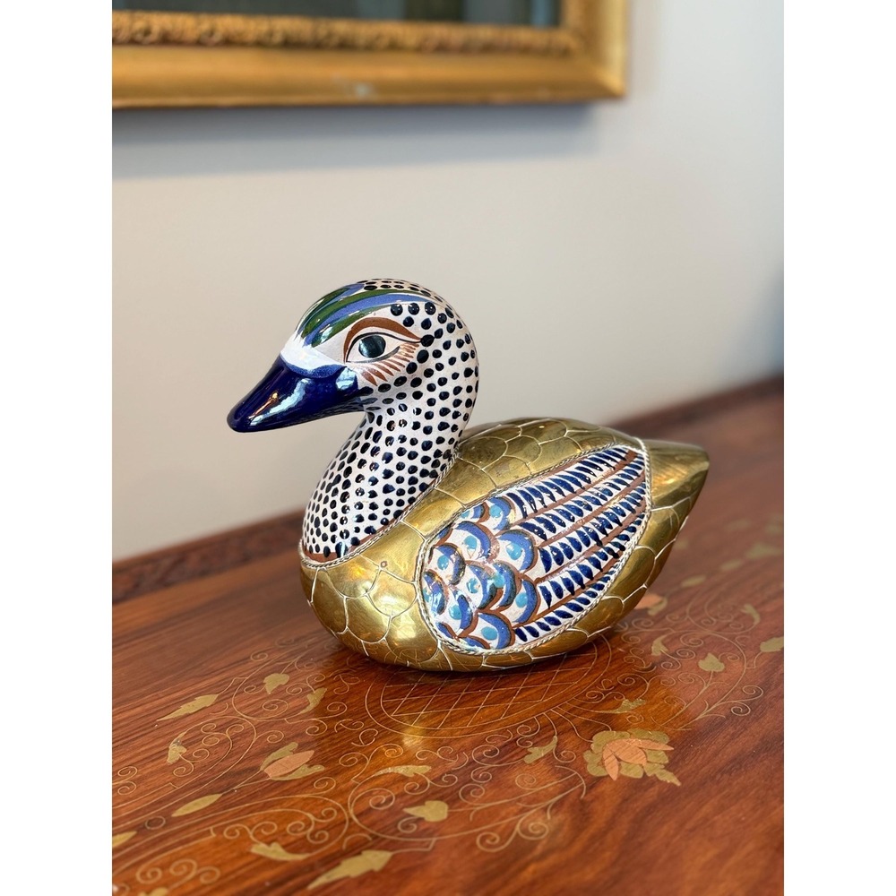Vintage Tonalá Style Hand-Painted Duck Figurine | Brass & Ceramic‎ Folk Art | 9"